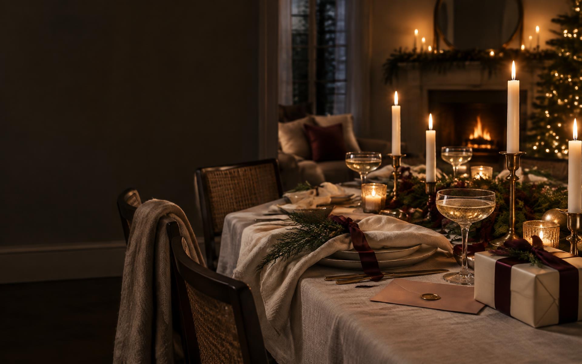 Candlelit holiday table with wrapped gifts